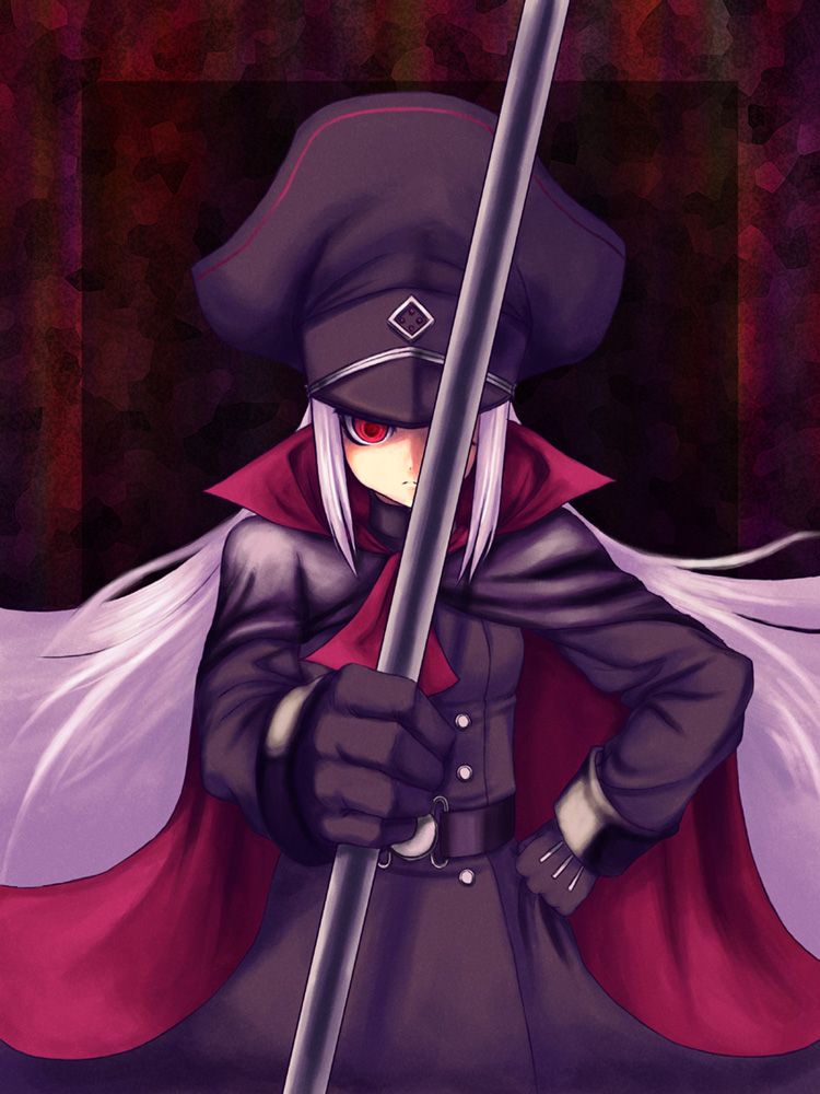 atorei, perfecti, akatsuki blitzkampf, bad id, bad pixiv id, cape, gloves, hat, long hair, military, military uniform, peaked cap, red eyes, solo, staff, very long hair, white hair