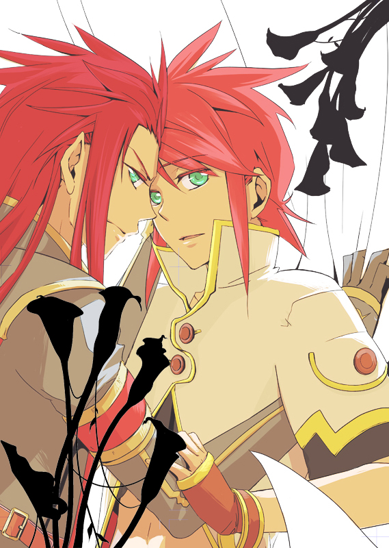 710 (artist), asch (tales), luke fon fabre, tales of (series), tales of the abyss, bad id, bad pixiv id, source request, 00s, 2boys, gloves, green eyes, long hair, male focus, multiple boys, red hair, surcoat, upper body, white background