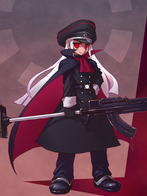 sankuma, perfecti, akatsuki blitzkampf, cape, gloves, gun, hat, long hair, military, military uniform, peaked cap, red eyes, rifle, solo, submachine gun, weapon, white hair