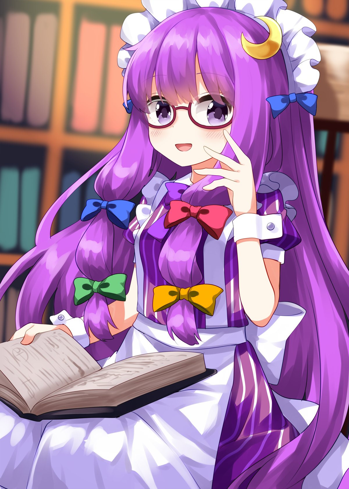 ruu (tksymkw), patchouli knowledge, touhou, commentary request, highres, 1girl, :d, apron, blue bow, blush, book, bookshelf, bow, cowboy shot, crescent, crescent hair ornament, dress, glasses, green bow, hair bow, hair ornament, hand up, holding, holding book, long hair, looking at viewer, maid headdress, multiple hair bows, open book, open mouth, purple dress, purple eyes, purple hair, red bow, smile, solo, striped clothes, striped dress, white apron, wrist cuffs, yellow bow