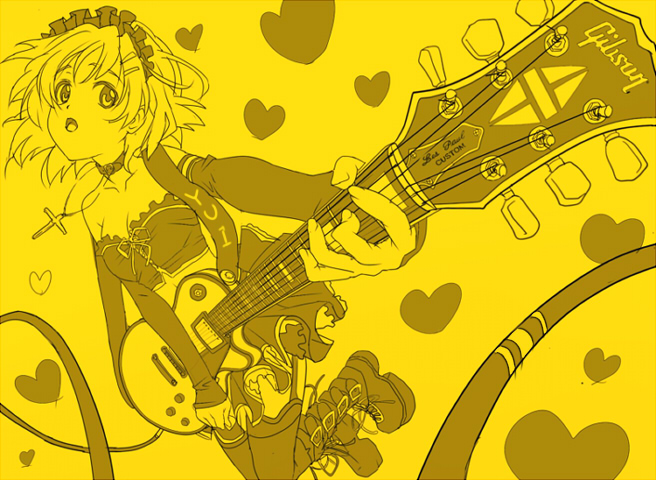 inumaroboya, inumaru (sougen no marogoya), hirasawa yui, don't say "lazy", k-on!, 00s, 1girl, female focus, gibson les paul, guitar, instrument, monochrome, solo, thighhighs