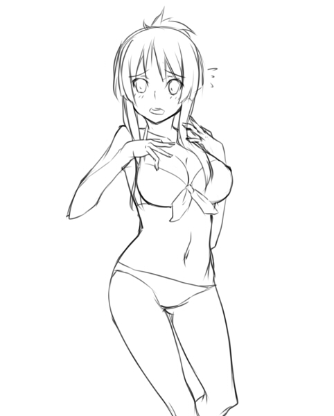 rokuichi, akiyama mio, k-on!, 00s, 1girl, bikini, breasts, cleavage, female focus, greyscale, large breasts, lineart, monochrome, simple background, sketch, solo, swimsuit