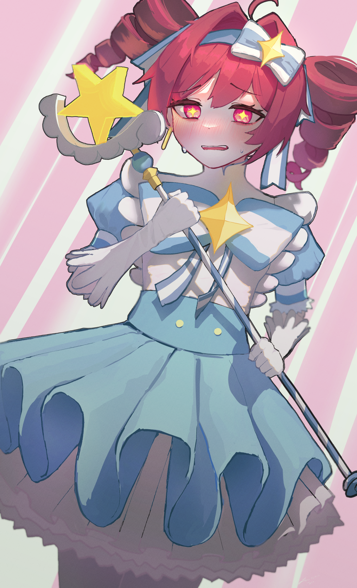 kasane teto, vocaloid, highres, 1girl, blue dress, ddade, dress, drill hair, hair ribbon, mage staff, open mouth, red eyes, red hair, ribbon, simple background, staff, star-shaped pupils, star (symbol), symbol-shaped pupils, twin drills, upper body
