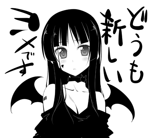 himura kiseki, akiyama mio, k-on!, translated, 00s, 1girl, bat wings, female focus, greyscale, high contrast, monochrome, simple background, solo, wings