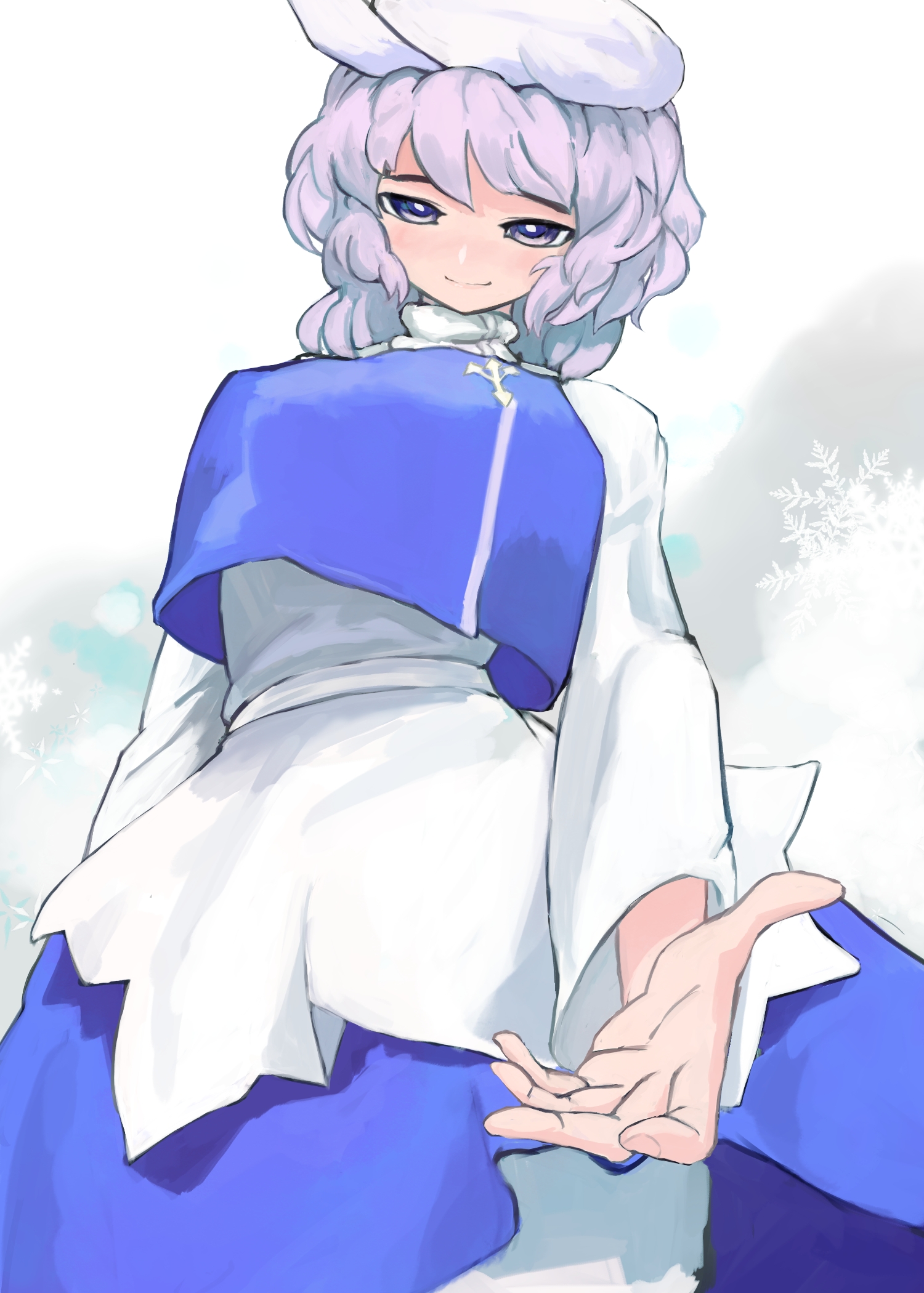 mizuki 0630, letty whiterock, touhou, commentary, highres, 1girl, beckoning, blue skirt, blue vest, blush, breasts, bright pupils, crop top, crop top overhang, hat, large breasts, long sleeves, looking at viewer, medium hair, purple hair, shirt, skirt, smile, solo, vest, white hat, white pupils, white shirt