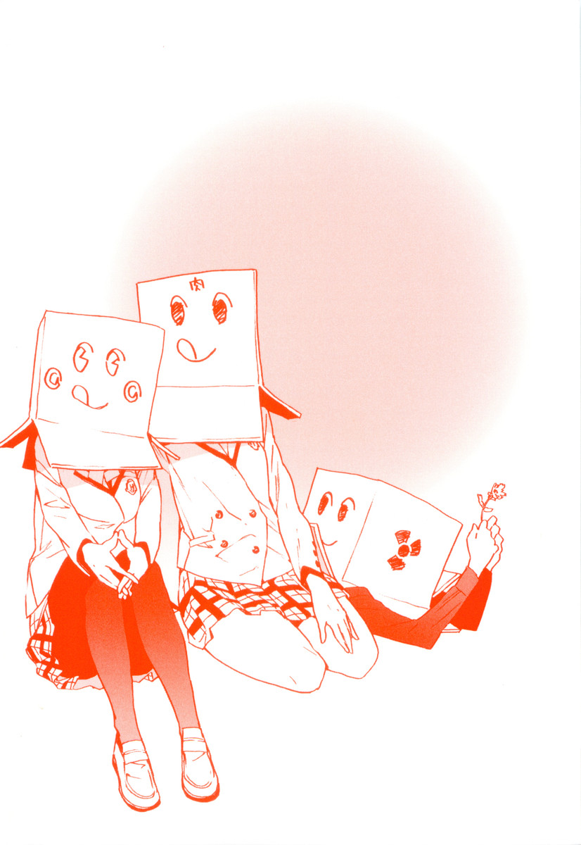 katou haruaki, iizuka tatsuki, nonomura ayumi, saotome suzume, hyakko, highres, official art, 00s, 3girls, :q, blazer, box, cardboard box, flower, jacket, legs, miniskirt, monochrome, multiple girls, orange theme, pac-man eyes, pantyhose, plaid clothes, plaid skirt, pleated skirt, school uniform, shoes, simple background, sitting, skirt, tongue, tongue out