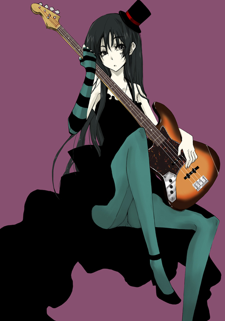 rage (rojiura), akiyama mio, don't say "lazy", k-on!, 00s, 1girl, angry, bass guitar, blue pantyhose, female focus, furious, hat, instrument, mini hat, mini top hat, pantyhose, solo, top hat