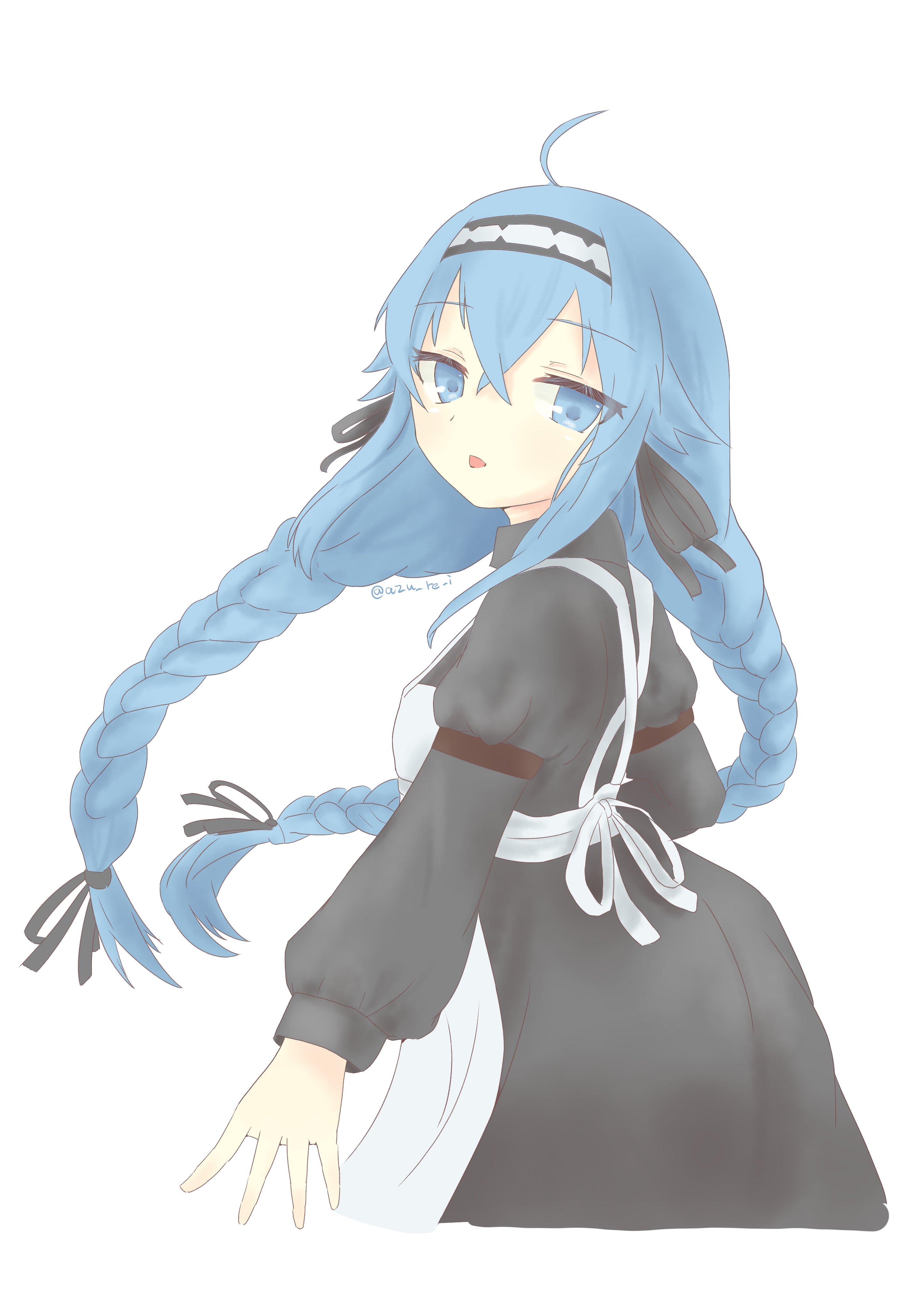 azurei (rofo), roxy migurdia, mushoku tensei, absurdres, highres, 1girl, ahoge, black bow, blue eyes, blue hair, bow, braid, hair between eyes, hair bow, looking at viewer, maid, twin braids, white background