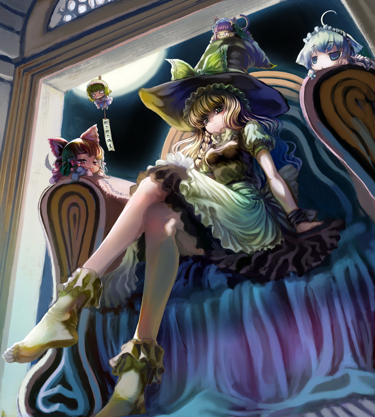 st.microscope, alice margatroid, hakurei reimu, inu sakuya (nejikirio), izayoi sakuya, kirisame marisa, patchouli knowledge, touhou, highres, 5girls, ahoge, animal ears, apron, arm support, armchair, bespectacled, blonde hair, blue eyes, blush stickers, bow, braid, chair, character doll, chibi, crossed legs, dog ears, doll, feet, female focus, from below, full moon, glasses, hanging, hat, large bow, legs, long hair, looking down, looking up, lying, mini person, minigirl, moon, multiple girls, night, o o, on stomach, ribbon, side braid, sitting, socks, white socks, witch, witch hat, wrist cuffs, yellow eyes
