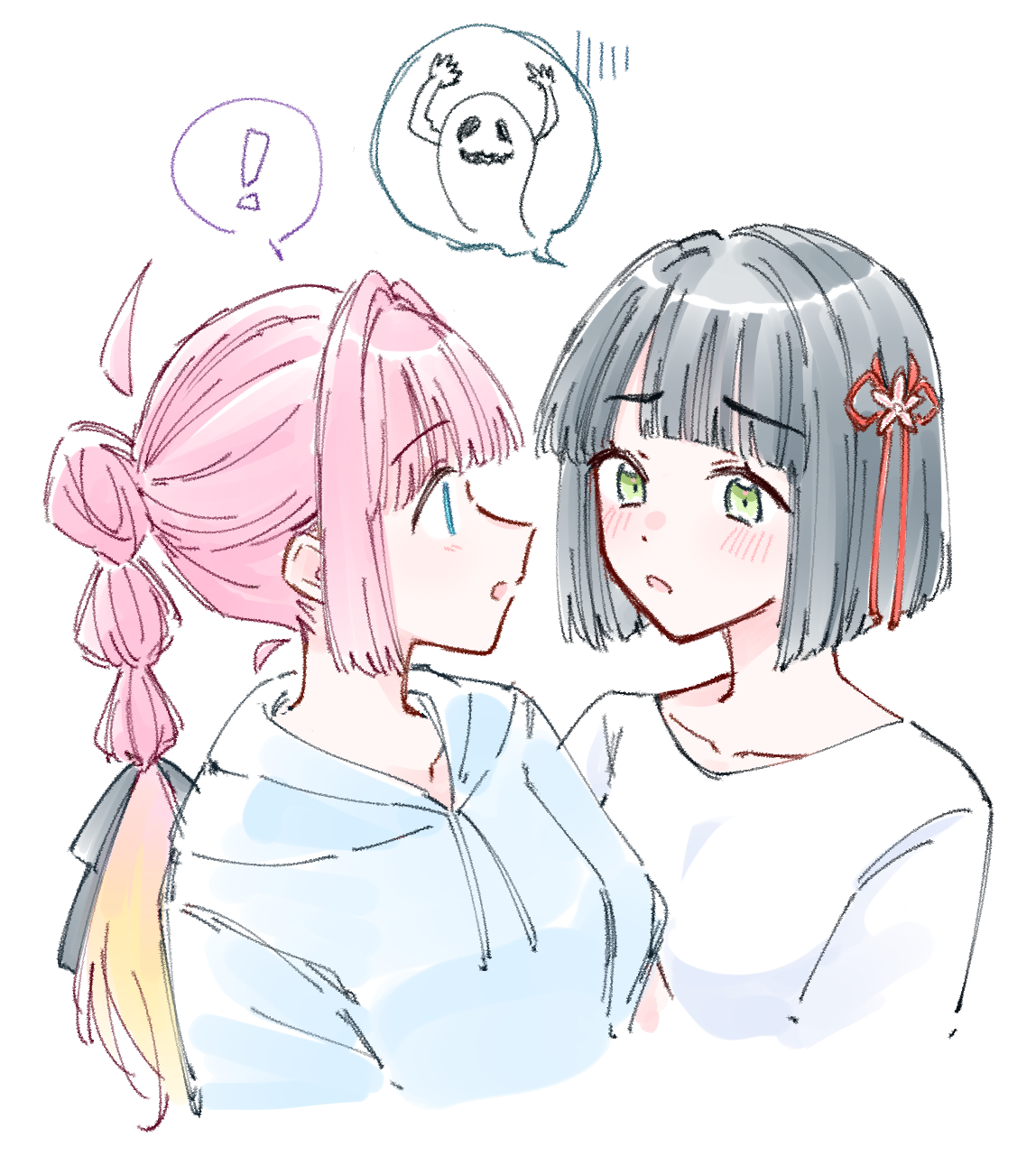 zangemiya, anyoji hime, momose ginko, link! like! love live!, love live!, highres, !, 2girls, ahoge, black hair, blonde hair, blue eyes, blue hoodie, blunt bangs, blunt ends, blunt sidelocks, blush, bob cut, collarbone, colored speech bubble, cropped torso, detached ahoge, eye contact, flower, gloom (expression), gradient hair, green eyes, hair flower, hair intakes, hair ornament, hood, hoodie, looking at another, multi-tied hair, multicolored hair, multiple girls, open mouth, pink flower, pink hair, ponytail, shirt, short hair, sidelocks, simple background, speech bubble, spoken exclamation mark, spoken ghost, upper body, virtual youtuber, white background, white shirt