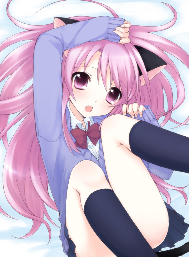 usashiro mani, original, animal ears, cat ears, cat tail, kneehighs, long hair, open mouth, pink eyes, pink hair, school uniform, skirt, socks, solo, sweater, tail, very long hair