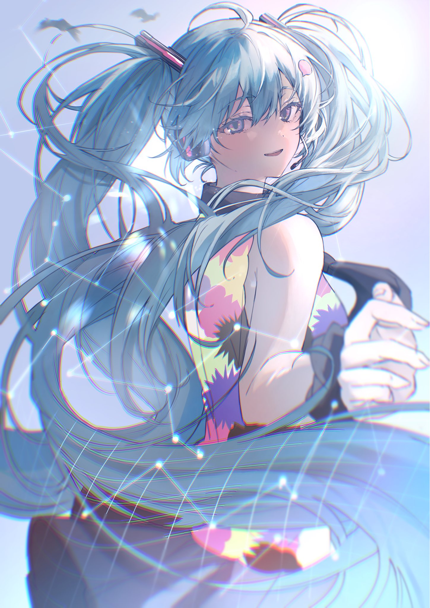 heremia, hatsune miku, vocaloid, commentary request, highres, 1girl, ahoge, bare shoulders, black scrunchie, black skirt, blue hair, floating hair, from side, hair between eyes, hair ornament, long hair, looking at viewer, looking to the side, pleated skirt, purple eyes, scrunchie, shirt, skirt, sleeveless, sleeveless shirt, solo, speech bubble hair ornament, twintails, very long hair, wrist scrunchie