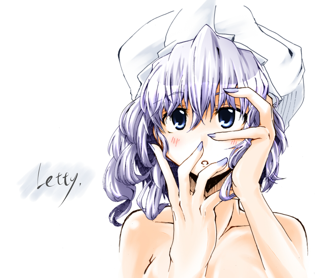 shimanaka arihito, letty whiterock, touhou, 1girl, blue eyes, blue hair, blush, close-up, female focus, hat, matching hair/eyes, nail polish, nude, purple nails, short hair, solo, upper body