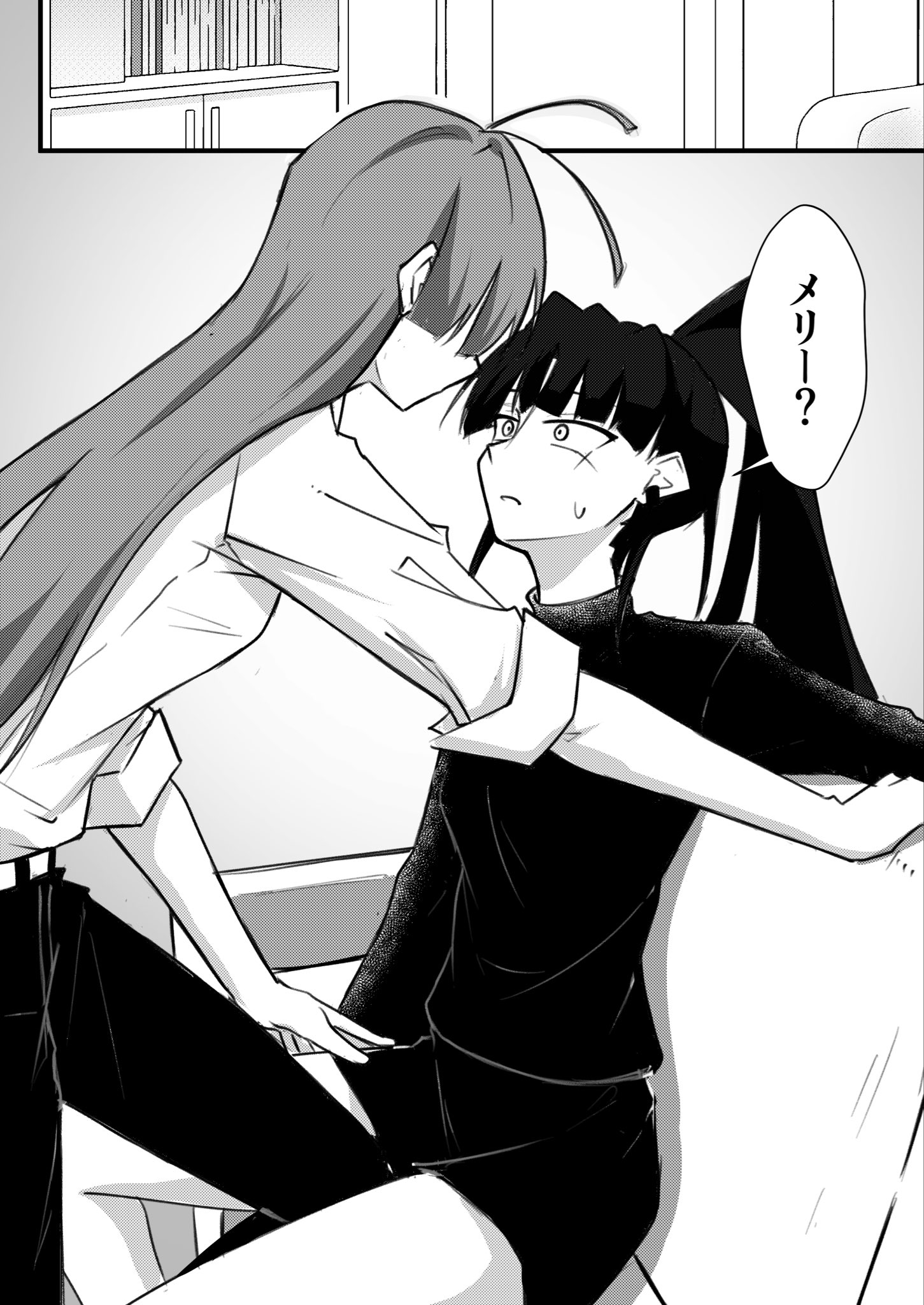 nori (norinori yrl), merry (ado), naima (ado), ado (utaite), readymade (ado), usseewa, commentary request, highres, translated, 2girls, ahoge, greyscale, long hair, monochrome, multiple girls, pants, ponytail, shirt, sitting, standing, sweatdrop, three-quarter sleeves, yuri