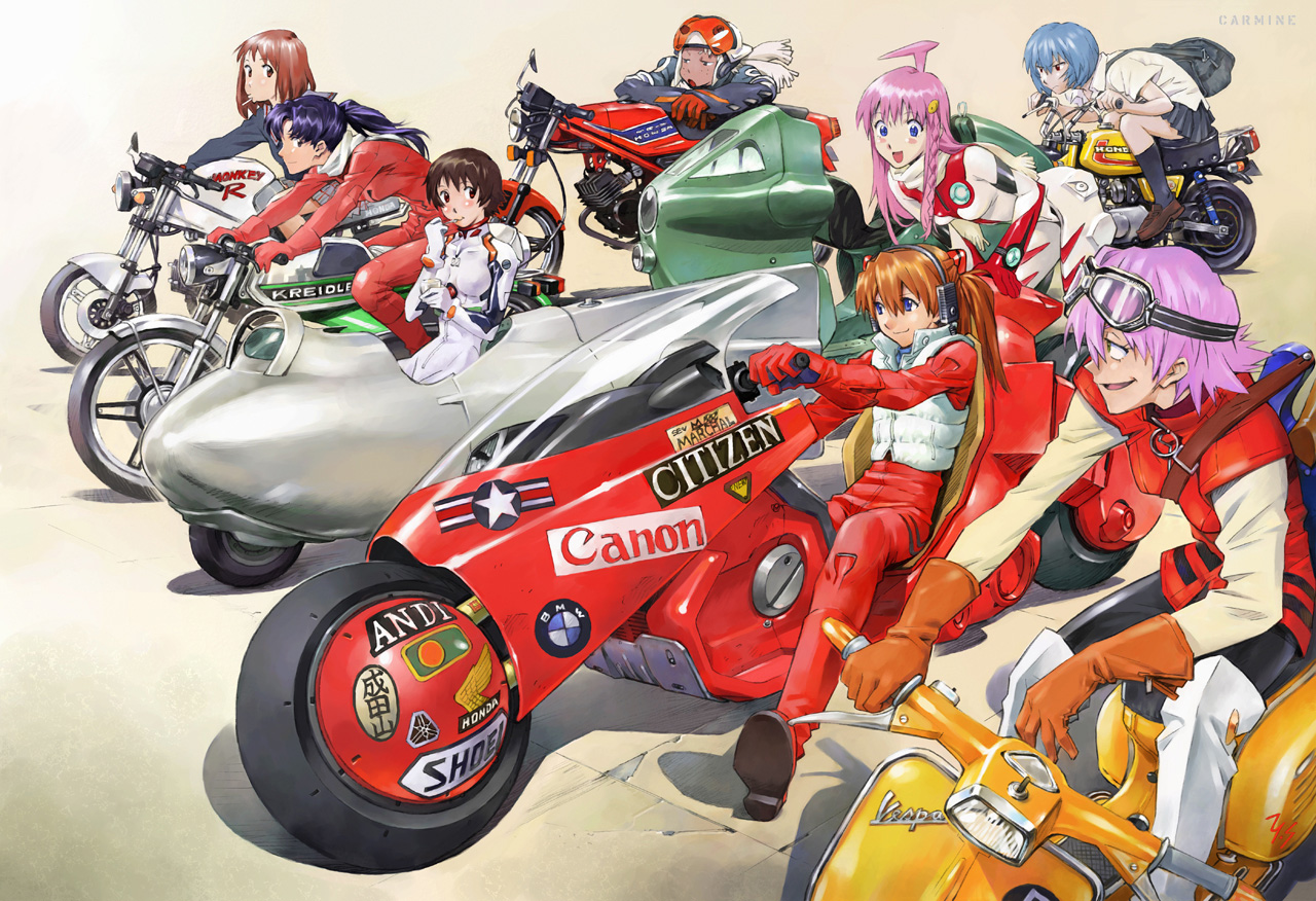 sadamoto yoshiyuki, ayanami rei, haruhara haruko, katsuragi misato, konno makoto, lal'c mellk mal, nono (top wo nerae 2!), samejima mamimi, souryuu asuka langley, akira (manga), bmw, citizen (company), flcl, gainax, honda, neon genesis evangelion, shoei, toki wo kakeru shoujo, top wo nerae! (series), top wo nerae 2!, vespa, black legwear, vehicle, 1980s (style), cleaned, official art, photoshop (medium), vehicle request, 1990s (style), 6+girls, ayanami rei (cosplay), bodysuit, brown gloves, brown hair, canon (company), company connection, cosplay, creator connection, crossover, food, gloves, goggles, goggles on head, gradient background, helmet, interface headset (evangelion), kaneda shoutarou's bike, loafers, looking at another, mecha pilot suit, motor vehicle, motorcycle, multiple crossover, multiple girls, oldschool, on motorcycle, pink hair, plugsuit (evangelion), pudding, purple hair, red gloves, retro artstyle, school uniform, scooter, shoes, simple background, smile, socks, white bodysuit