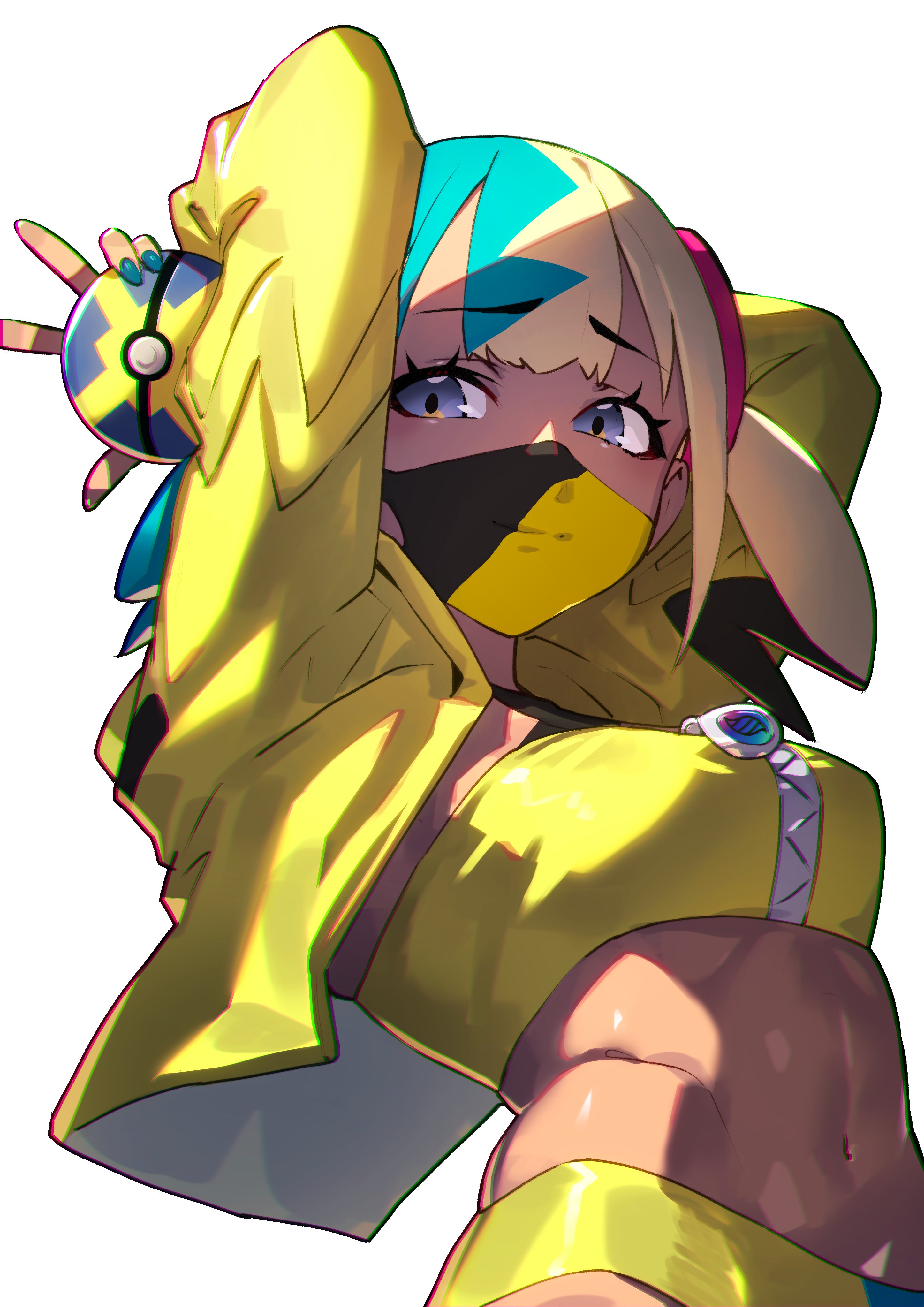 nakanishi tatsuya, canari (pokemon), nintendo, pokemon, pokemon legends: z-a, absurdres, highres, 1girl, aqua hair, arms behind head, bandeau, black mask, blonde hair, blue eyes, breasts, center-flap bangs, closed mouth, criss-cross straps, dark-skinned female, dark skin, jacket, looking at viewer, mask, medium breasts, mega ring, mega stone, midriff, mouth mask, multicolored hair, navel, pants, poke ball, quick ball, short twintails, simple background, smile, solo, split-color hair, sports bra, stomach, stretching, twintails, two-tone hair, two-tone mask, upper body, white background, yellow bandeau, yellow jacket, yellow mask, yellow sports bra, zipper, zipper pull tab