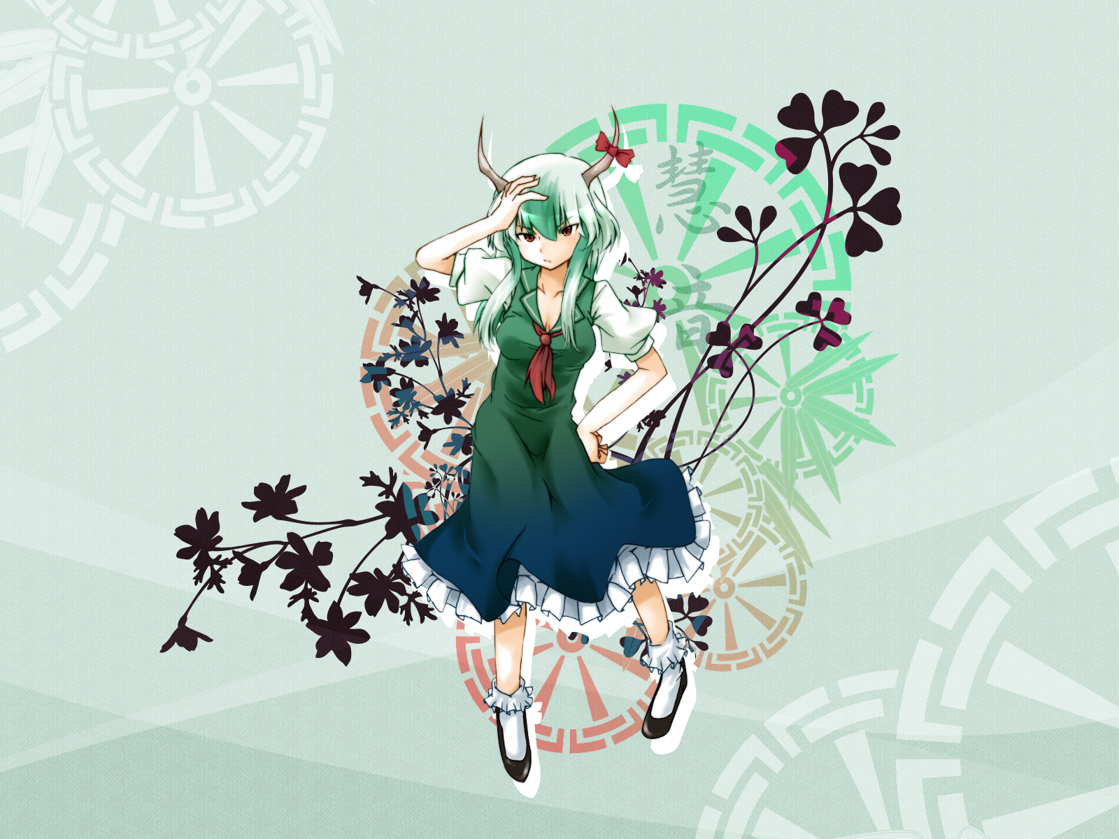 shimanaka arihito, ex-keine, kamishirasawa keine, touhou, highres, 1girl, dress, female focus, full body, gradient clothes, gradient dress, horns, long hair, multicolored hair, plant, ribbon, shoes, socks, solo, standing