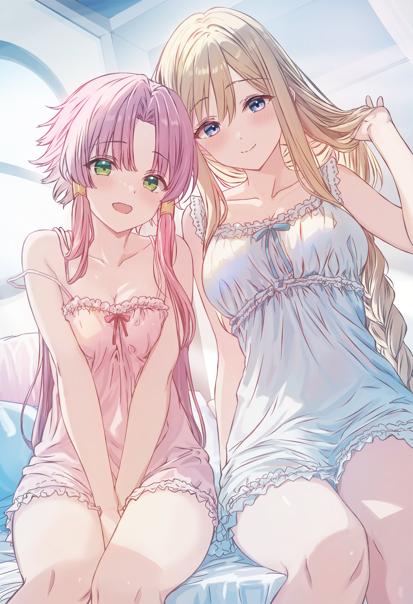 cutlass (classic chocolate), alicia florence, mizunashi akari, aria (manga), commentary request, highres, 2girls, blonde hair, blue eyes, braid, braided ponytail, breasts, cleavage, green eyes, hair tubes, indoors, lingerie, long hair, looking at viewer, medium breasts, multiple girls, negligee, open mouth, pink hair, pink negligee, sitting, small breasts, smile, thighs, underwear, white negligee