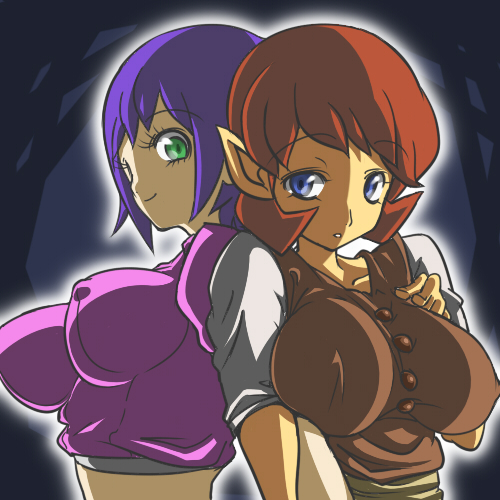 chris (mario), anju (zelda), bombchu bowling girl, nintendo, the legend of zelda, the legend of zelda: majora's mask, the legend of zelda: ocarina of time, extra, lowres, 2girls, blue eyes, breasts, covered erect nipples, elf, green eyes, large breasts, multiple girls, pointy ears, purple hair