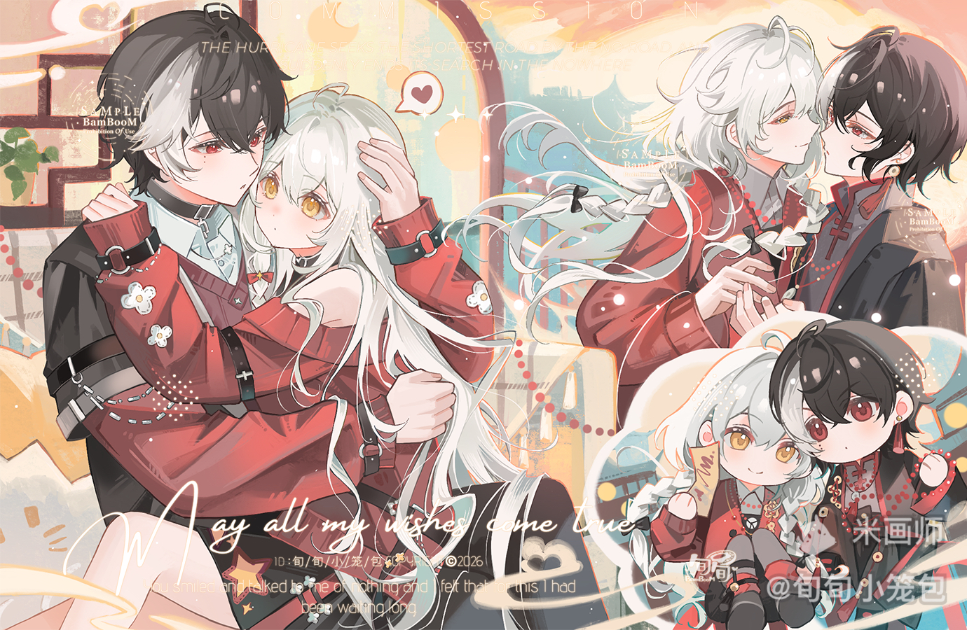 original, 1boy, 1girl, bare shoulders, black hair, black jacket, chibi, closed mouth, double-parted bangs, hair between eyes, hand on another's head, heart, jacket, long hair, long sleeves, mihuashi username, multicolored hair, multiple views, red eyes, red sweater, short hair, smile, spoken heart, sweater, two-tone hair, upper body, watermark, white hair, xun xun xiaolongbao, yellow eyes