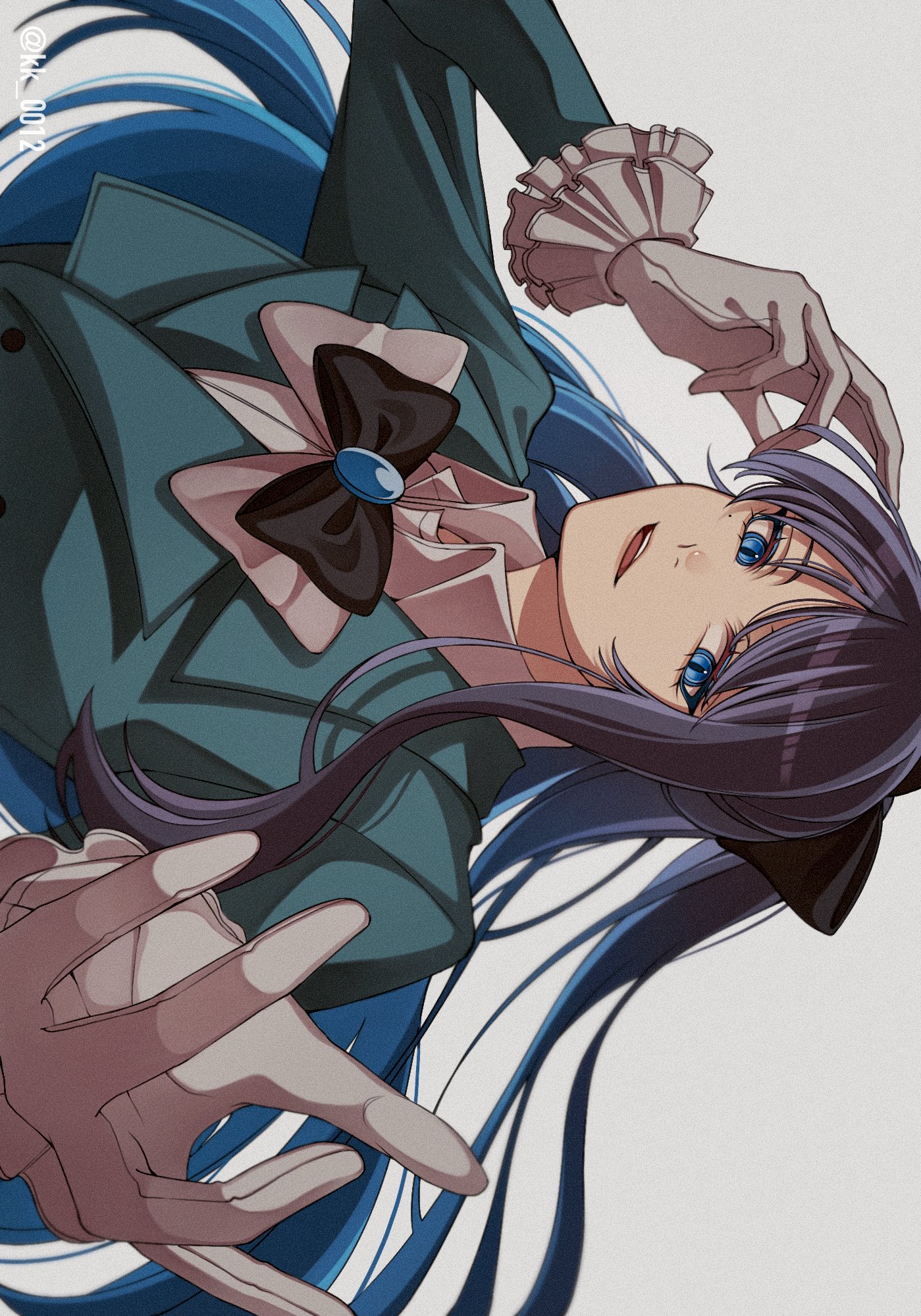 keeko (kk 0012), chando (ado), ado (utaite), commentary, highres, 1girl, black bow, black bowtie, blue eyes, blue hair, blue jacket, bow, bowtie, breasts, brooch, film grain, gloves, half updo, jacket, jewelry, long sleeves, mole, mole under eye, open mouth, solo, teeth, upper teeth only, utaite, white gloves