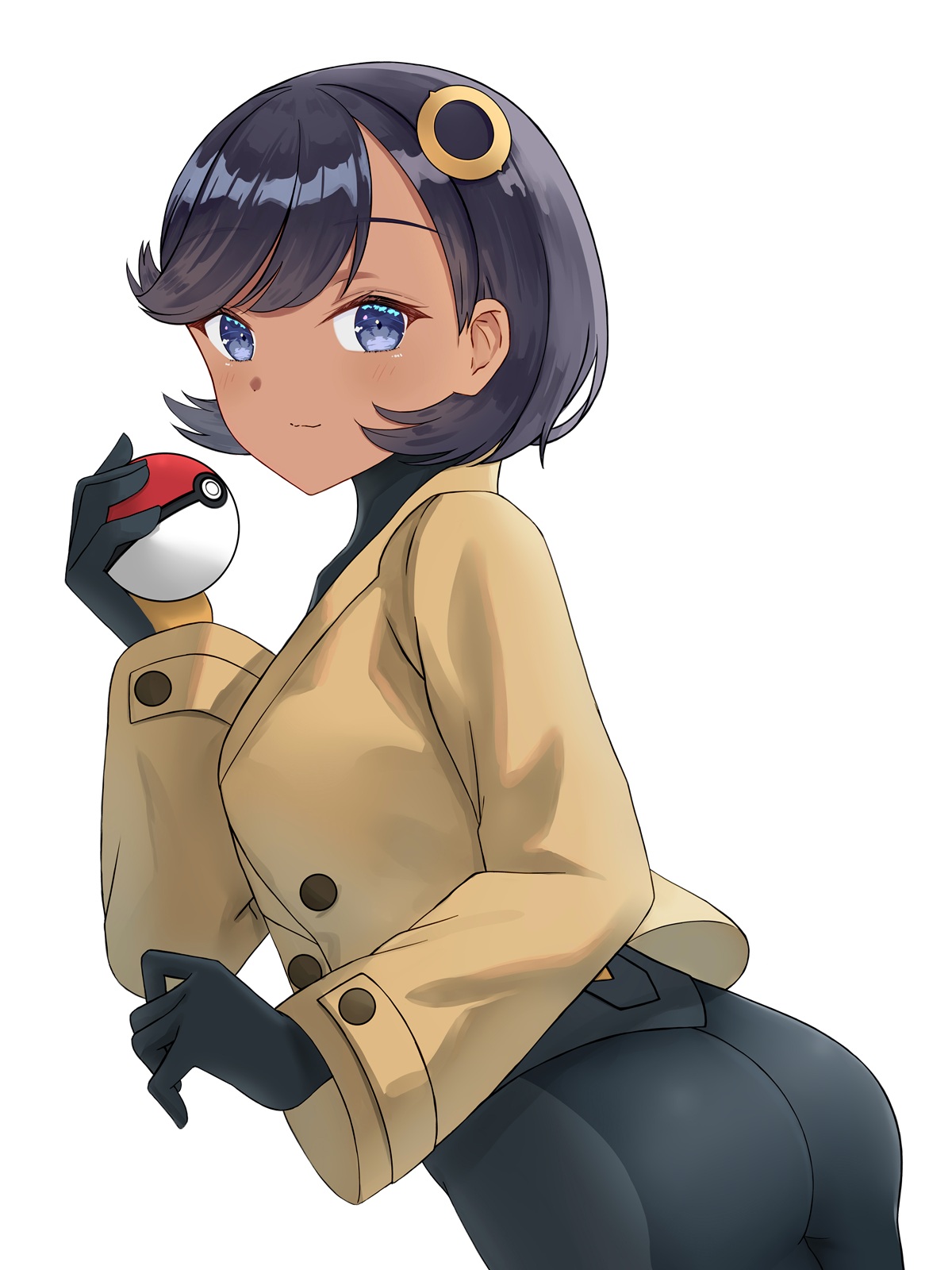 akaya (pixiv20545353), emma (pokemon), nintendo, pokemon, pokemon legends: z-a, commentary request, highres, 1girl, ass, black bodysuit, black hair, blue eyes, bodysuit, brown jacket, closed mouth, from behind, hair ornament, holding, holding poke ball, jacket, long sleeves, looking at viewer, looking back, poke ball, poke ball (basic), short hair, simple background, smile, solo, twisted torso, white background