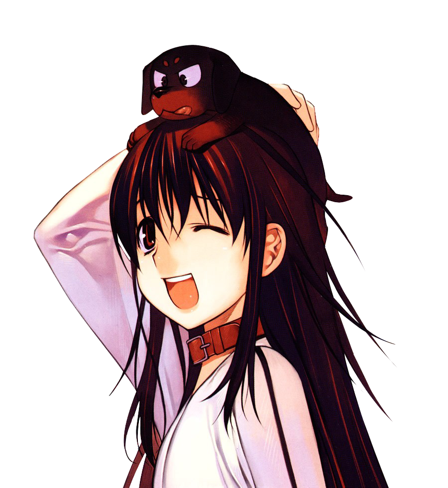 park sung woo, kuro (kurokami), punipuni (dog), kurokami, scan, 00s, 1girl, ;d, animal, animal on head, brown eyes, brown hair, collar, dachshund, dog, happy, long hair, on head, one eye closed, open mouth, portrait, smile, transparent background
