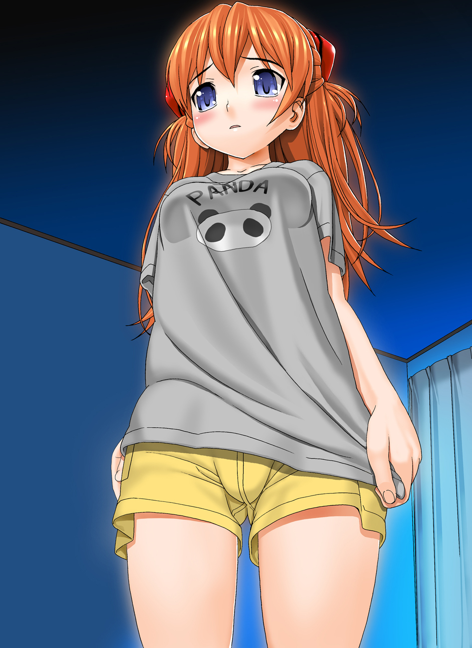 black olive, sugaishi, sugaishi (unbr), souryuu asuka langley, neon genesis evangelion, highres, 1girl, blue eyes, blush, female focus, long hair, orange hair, panda, sad, shorts, solo