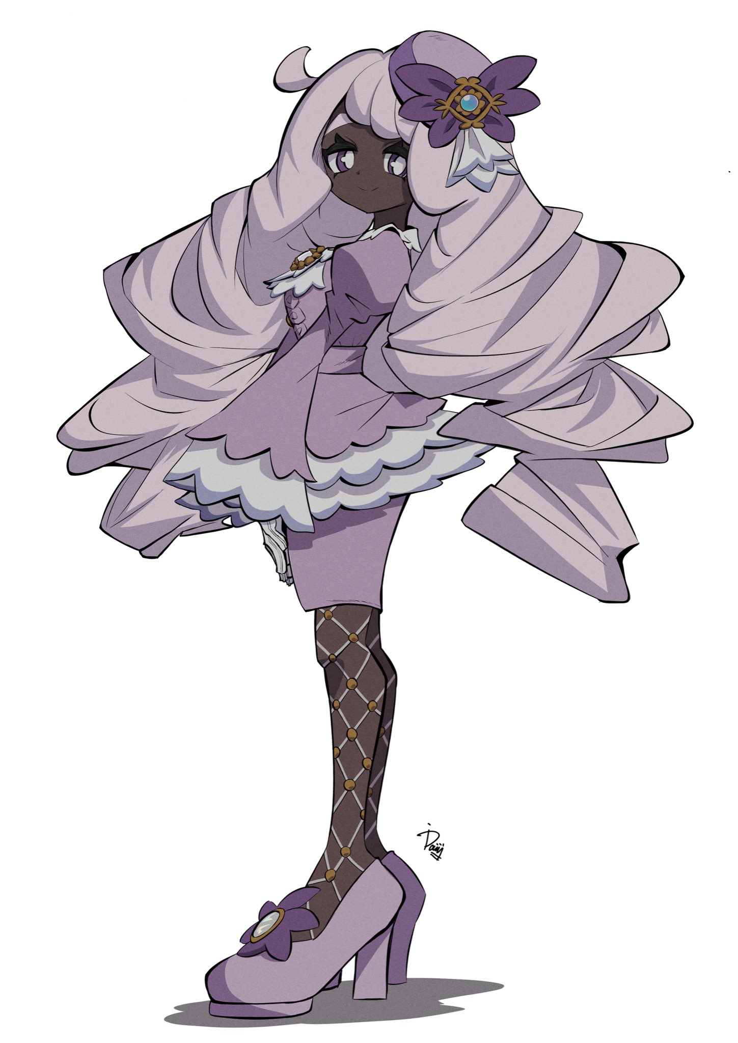 ida (idalol490), jacinthe (pokemon), nintendo, pokemon, pokemon legends: z-a, highres, 1girl, ascot, closed mouth, dark-skinned female, dark skin, dress, fascinator, frilled ascot, frills, full body, gloves, juliet sleeves, long hair, long sleeves, looking at viewer, low drills, mega stone, puffy sleeves, purple dress, purple eyes, purple hair, simple background, smile, solo, very dark skin, white background, white gloves