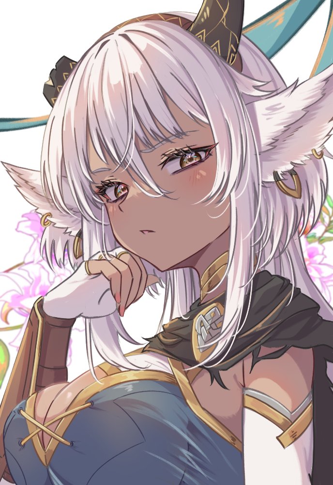 fuussu (21-kazin), meliai (fire emblem), fire emblem, fire emblem heroes, nintendo, 1girl, animal ears, black cape, black horns, blush, breasts, broken horn, cape, cleavage, closed mouth, cow ears, cow girl, cow horns, dark-skinned female, dark skin, earrings, elbow gloves, fingerless gloves, flower, gloves, gold choker, hoop earrings, horns, jewelry, large breasts, long hair, looking at viewer, nail polish, orange nails, solo, torn cape, torn clothes, upper body, very long hair, white gloves, white hair, yellow eyes