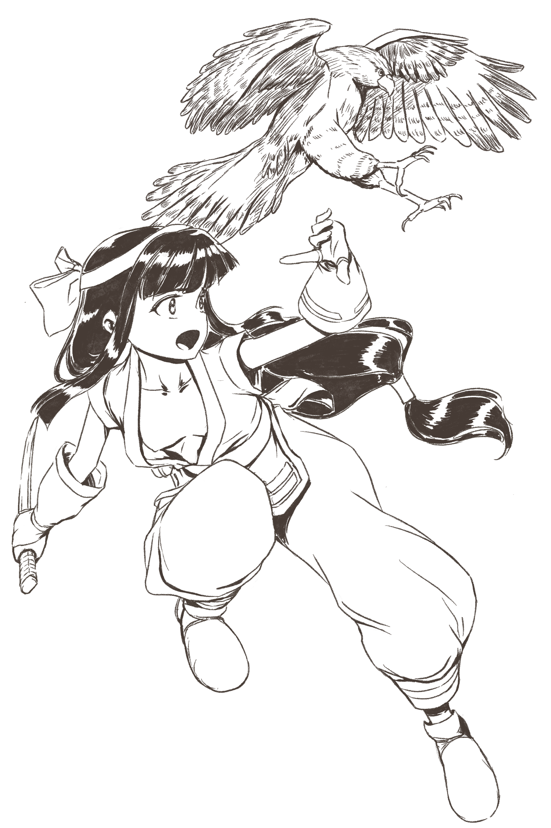 mamahaha, nakoruru, samurai spirits, snk, the king of fighters, highres, 1girl, ainu clothes, breasts, fingerless gloves, gloves, hair ribbon, leaning forward, leg lift, leg up, legs, long hair, monochrome, nipple slip, nipples, no bra, pants, ribbon, sketch, small breasts, thighs, weapon