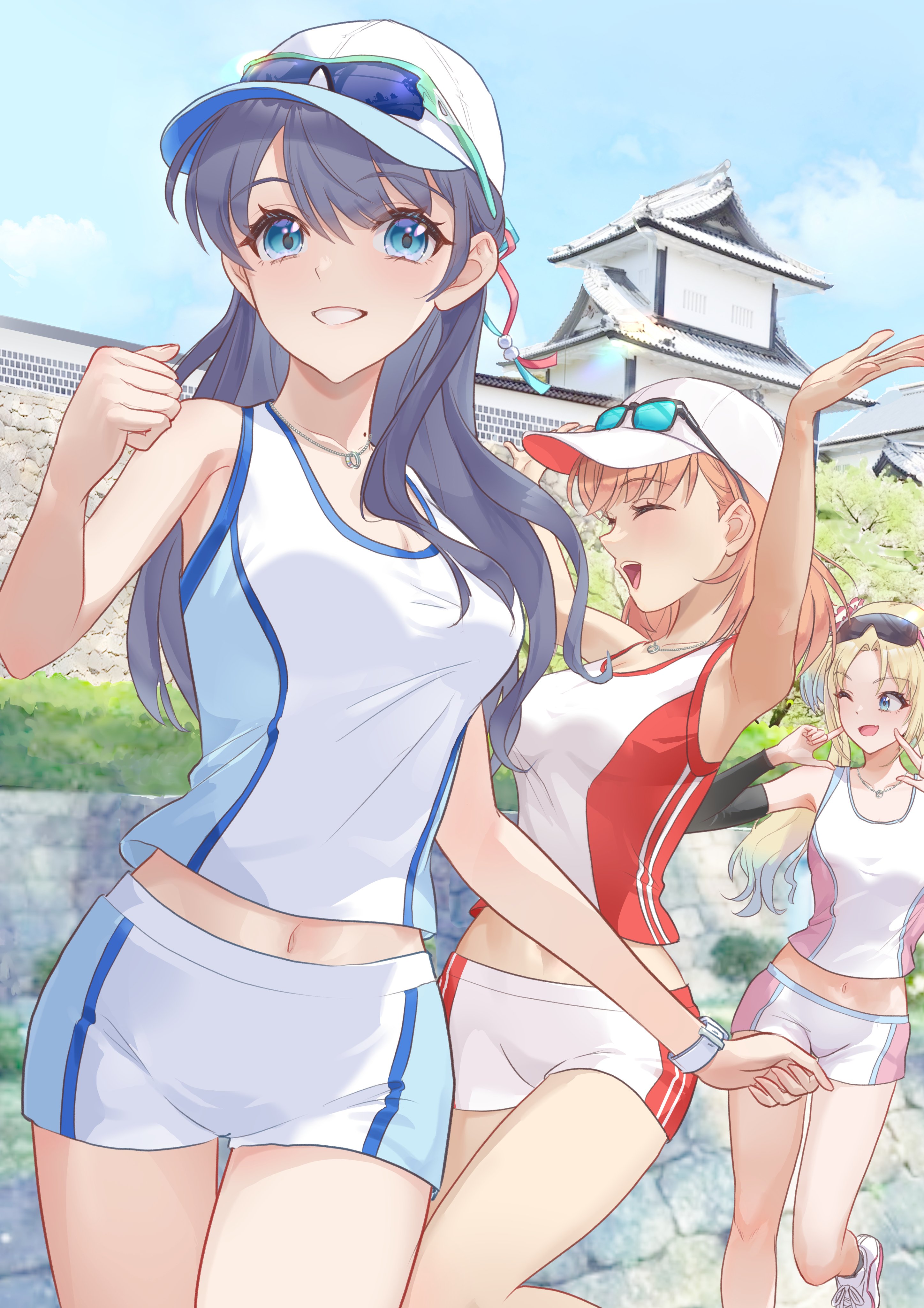 kobassy, hinoshita kaho, murano sayaka, osawa rurino, link! like! love live!, love live!, absurdres, commentary request, highres, 3girls, ;d, ^ ^, armpits, arms up, bare shoulders, baseball cap, black-framed eyewear, blonde hair, blue-tinted eyewear, blue eyes, blue hair, blue shirt, blue shorts, breasts, cleavage, clenched hand, closed eyes, collarbone, detached sleeves, eyewear on headwear, fingers to cheeks, grin, half updo, hasu no sanrenka, hat, ishikawa prefecture, jewelry, kanazawa (city), kanazawa castle, long hair, long sleeves, looking at viewer, marathon (sports), medium breasts, midriff, mole, mole on neck, multiple girls, navel, necklace, one eye closed, open hands, open mouth, orange hair, outdoors, over-rim eyewear, photo background, pink shirt, red shirt, red shorts, rimless eyewear, running, semi-rimless eyewear, shirt, short shorts, shorts, sleeveless, sleeveless shirt, smile, sunglasses, tinted eyewear, virtual youtuber, white hat