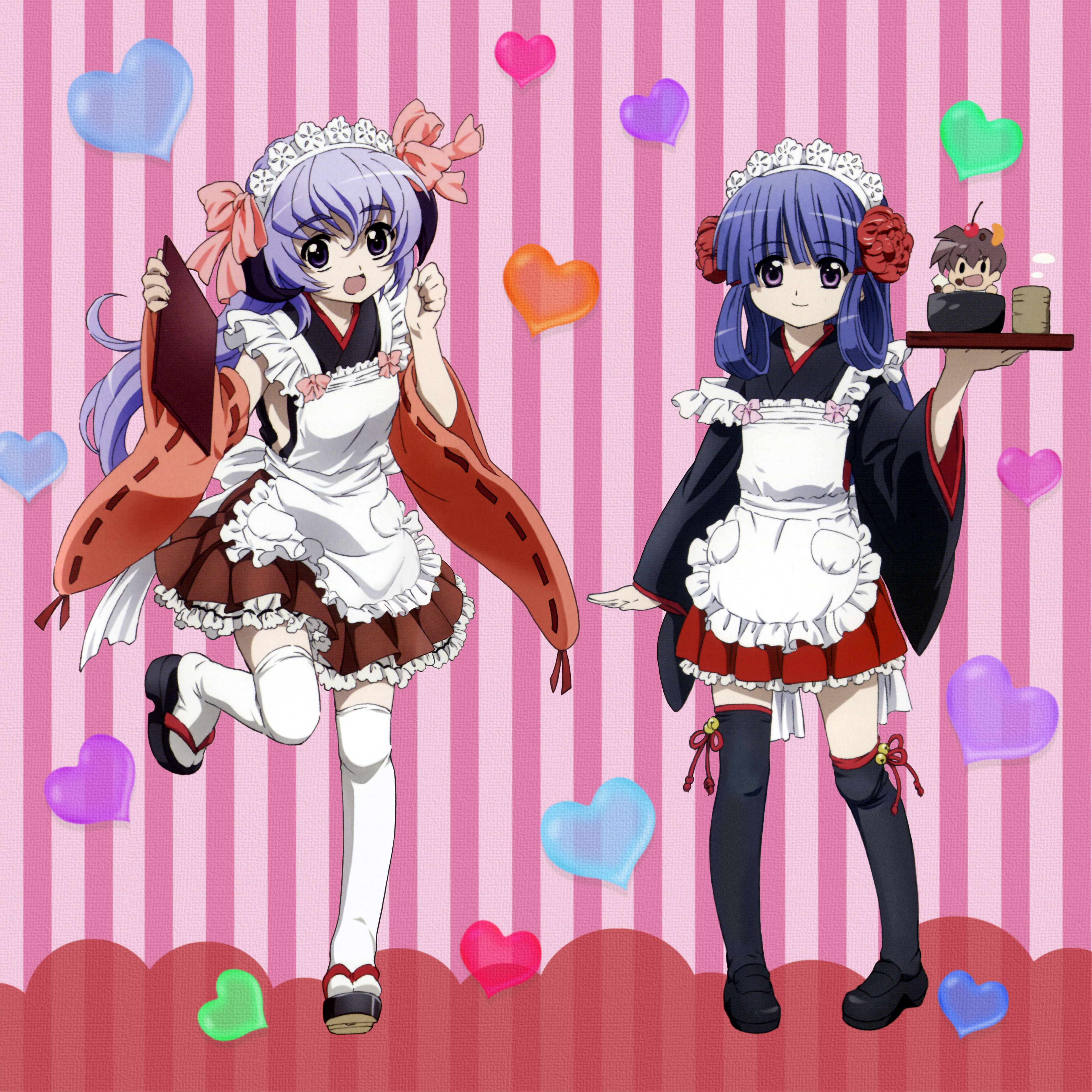 sakai kyuuta, furude rika, hanyuu, maebara keiichi, higurashi no naku koro ni, absurdres, highres, official art, scan, 00s, 1boy, 2girls, alternate hairstyle, apron, bell, blue hair, detached sleeves, food, heart, horns, japanese clothes, long hair, multiple girls, purple eyes, purple hair, ribbon, striped background, thighhighs, waitress