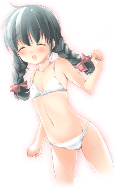 uya (munyu), milly (paperman), paper man, bad id, bad pixiv id, 1girl, bikini, black hair, braid, child, closed eyes, female focus, flat chest, long hair, navel, solo, striped bikini, striped clothes, swimsuit, twin braids, white bikini