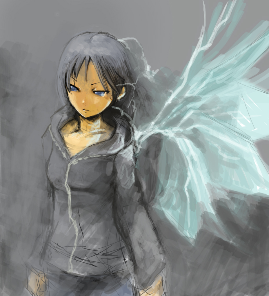 okera, tagme, blue eyes, grey hair, short hair, sketch, solo, wings