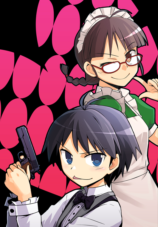 heebee, akizuki ritsuko, kikuchi makoto, idolmaster, idolmaster (classic), idolmaster 1, 00s, 2girls, antenna hair, black hair, blue eyes, braid, brown eyes, brown hair, glasses, gun, handgun, m1911, maid, multiple girls, one eye closed, pistol, short hair, tongue, twin braids, weapon, wink