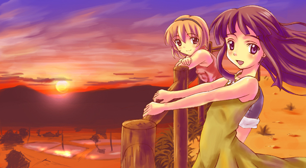 ef (artist), furude rika, houjou satoko, higurashi no naku koro ni, 00s, black hair, blonde hair, landscape, long hair, short hair, sunset