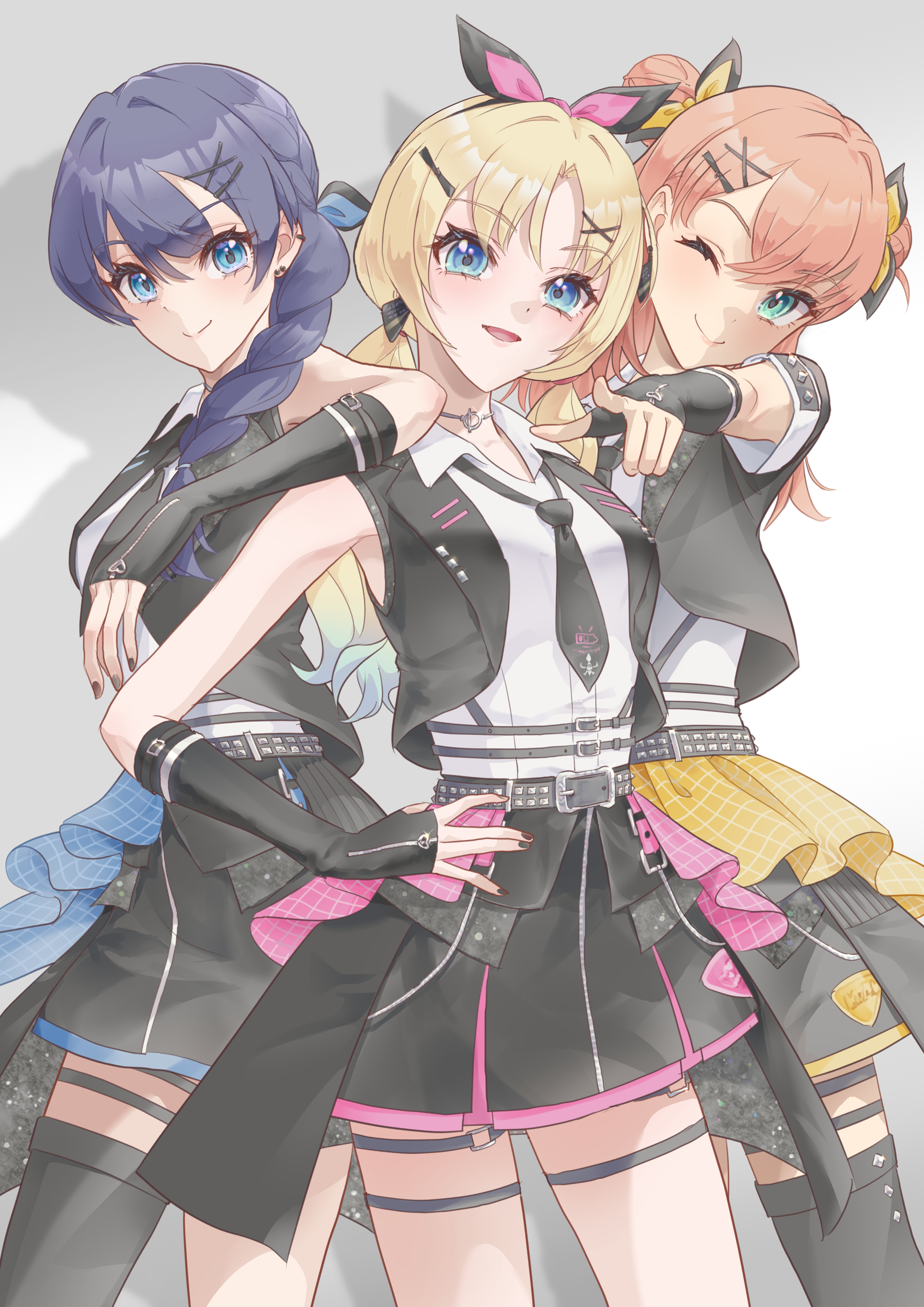 kobassy, hinoshita kaho, murano sayaka, osawa rurino, link! like! love live!, love live!, absurdres, commentary request, highres, 3girls, :d, ;), black necktie, black skirt, blue eyes, blue hair, braid, closed mouth, cowboy shot, double bun, elbow on another's shoulder, green eyes, grey background, hair bun, hair ornament, hair over shoulder, hairclip, hand on own hip, hasu no sanrenka, i do me! (love live!), jacket, long hair, looking at viewer, low twintails, medium hair, miniskirt, multiple girls, necktie, official alternate costume, one eye closed, open clothes, open jacket, open mouth, pleated skirt, pointing, pointing at viewer, shadow, shirt, single braid, skirt, sleeveless, sleeveless jacket, sleeveless shirt, smile, thigh strap, twintails, virtual youtuber, white shirt, x hair ornament