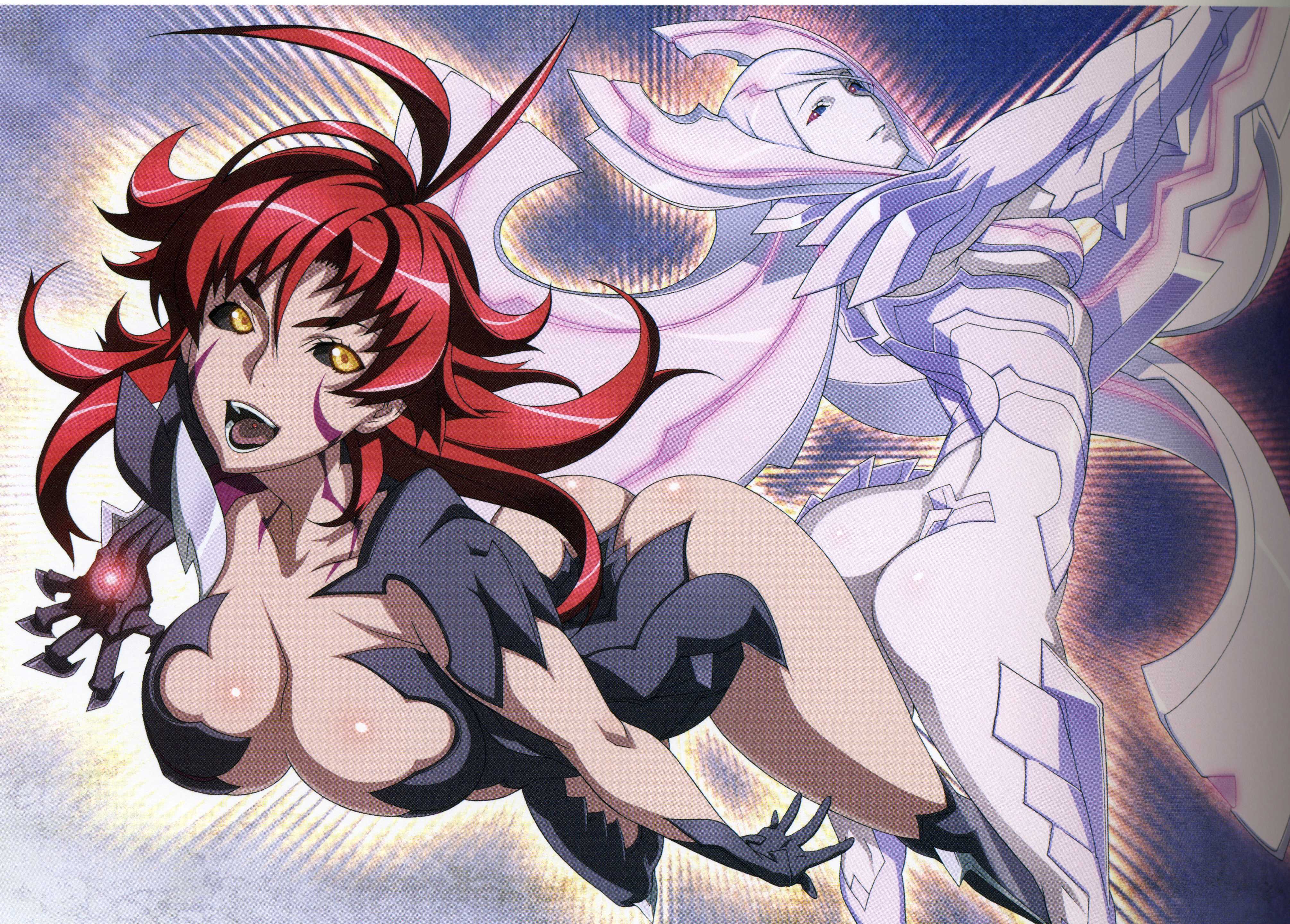 amaha masane, soho reina, witchblade, blade, silver hair, absurdres, highres, 00s, 2girls, ahoge, armor, ass, bikini armor, black sclera, breasts, claws, cleavage, colored sclera, large breasts, long hair, mature female, multiple girls, piercing, red hair, short hair, sideboob, smile, tongue piercing