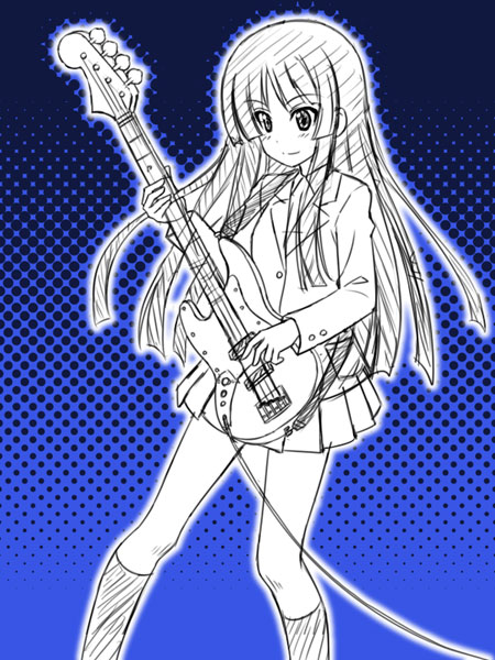 masakichi (crossroad), akiyama mio, k-on!, 00s, 1girl, bass guitar, blazer, blunt bangs, female focus, guitar, hime cut, instrument, jacket, long hair, miniskirt, monochrome, pleated skirt, school uniform, sketch, skirt, smile, socks, solo, standing