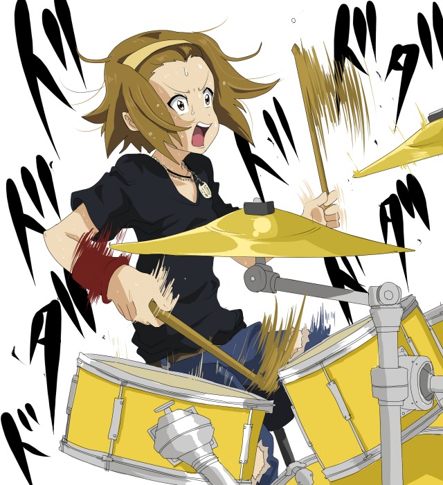 jacky (artist), tainaka ritsu, k-on!, 00s, 1girl, brown hair, drum, drum set, drumsticks, female focus, hairband, headband, instrument, shirt, solo, t-shirt, tomboy, wristband
