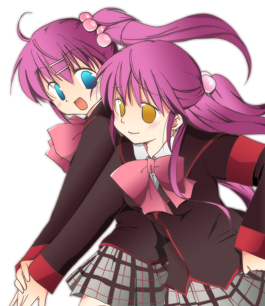 kiuri, futaki kanata, saigusa haruka, little busters!, bad id, bad pixiv id, 2girls, blue eyes, bow, half updo, long hair, multiple girls, pink bow, purple hair, school uniform, siblings, side ponytail, sisters, yellow eyes