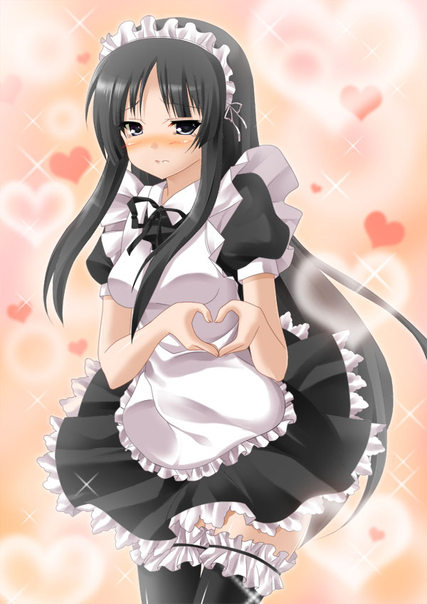 mitsuki, yano mitsuki (nanairo), akiyama mio, k-on!, bad id, bad pixiv id, 00s, 1girl, alternate costume, black eyes, black hair, blunt bangs, blush, breasts, enmaided, female focus, frilled thighhighs, frills, heart, heart hands, hime cut, long hair, maid, maid headdress, moe moe kyun!, solo, thighhighs