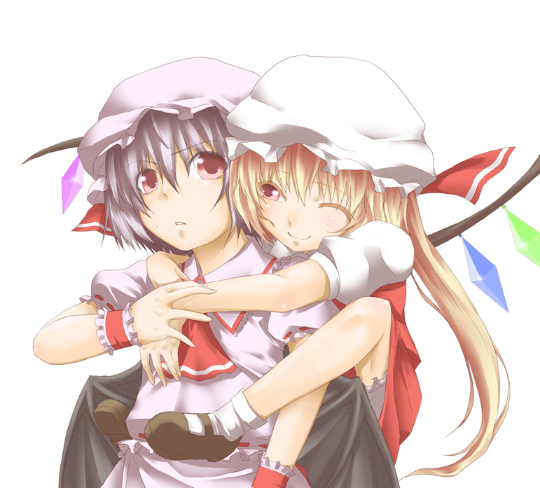 sutagu, flandre scarlet, remilia scarlet, touhou, 2girls, blonde hair, blouse, collared shirt, female focus, frilled shirt, frills, hair between eyes, hat, mob cap, multiple girls, pink eyes, pink shirt, purple hair, shirt, siblings, sisters, socks, white shirt, wings