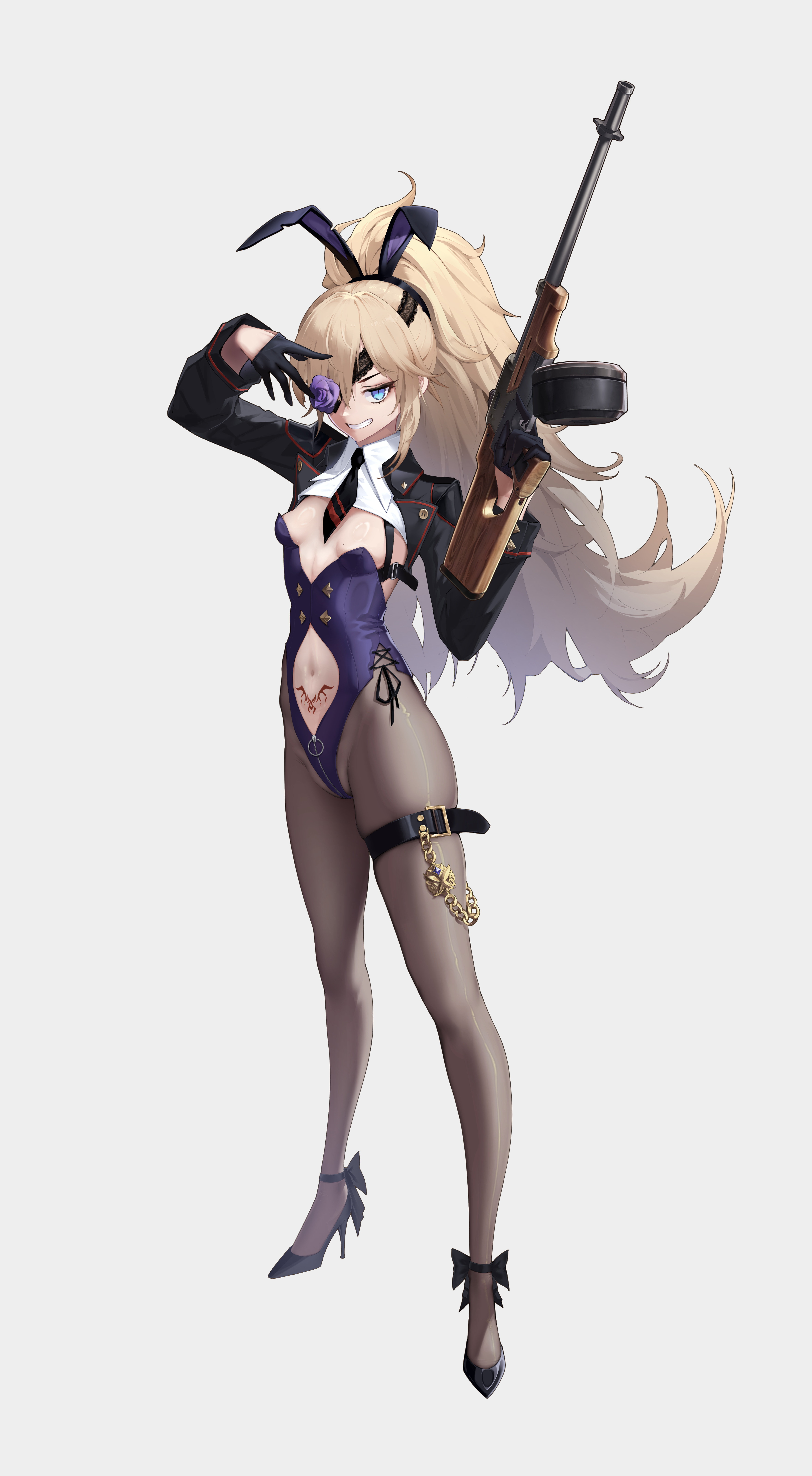 9h, guillotine (nikke), goddess of victory: nikke, absurdres, highres, variant set, 1girl, alternate costume, animal ear hairband, animal ears, arm up, belt, black belt, black gloves, black jacket, black necktie, black shoes, blonde hair, blue eyes, breasts, clothing cutout, cropped jacket, detached collar, eyepatch, fake animal ears, flower, full body, gloves, grey pantyhose, grin, gun, hair between eyes, hair over one eye, hairband, half gloves, hand over eye, high heels, highleg, highleg leotard, holding, holding gun, holding weapon, jacket, leotard, long bangs, long hair, long sleeves, looking at viewer, navel, navel cutout, necktie, pantyhose, playboy bunny, pubic tattoo, purple flower, purple leotard, purple rose, rabbit ear hairband, rabbit ears, rose, shoes, sidelocks, simple background, small breasts, smile, solo, standing, strapless, strapless leotard, submachine gun, tachi-e, tattoo, teeth, thigh belt, thigh strap, thompson submachine gun, very long hair, weapon, white background, zipper, zipper pull tab