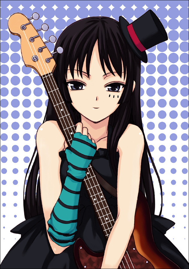 orebalgum, akiyama mio, don't say "lazy", k-on!, 00s, 1girl, bass guitar, black eyes, black hair, facepaint, female focus, fingerless gloves, gloves, guitar, hat, instrument, long hair, mini hat, mini top hat, solo, top hat