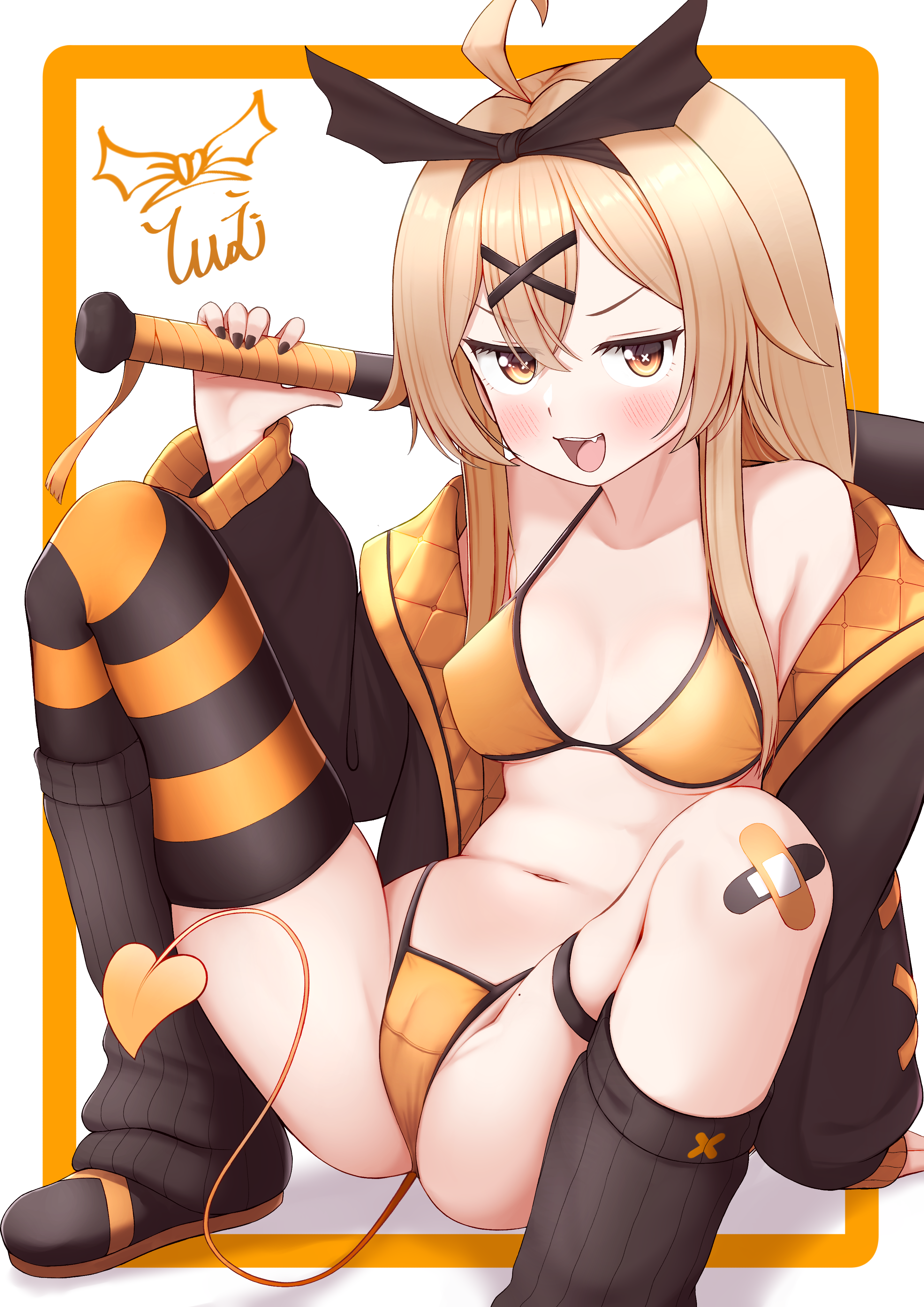 tiemu (man190), original, absurdres, highres, 1girl, baseball bat, bikini, blonde hair, breasts, demon tail, jacket, long hair, medium breasts, solo, swimsuit, tail, thighhighs