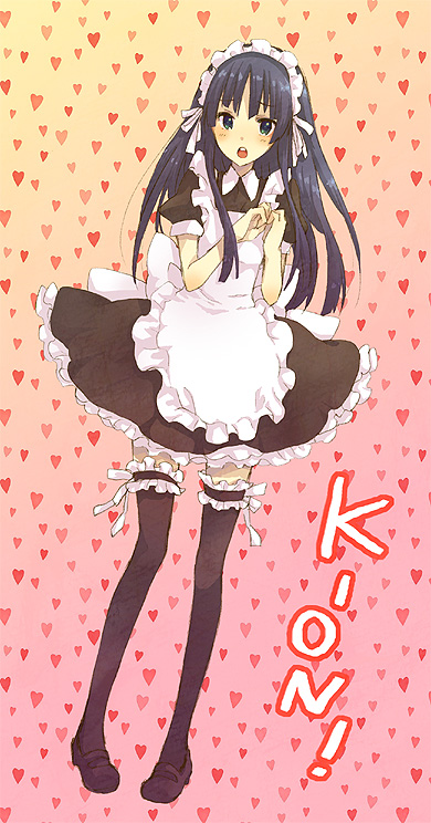 tayako, akiyama mio, k-on!, bad id, bad pixiv id, 00s, 1girl, alternate costume, black eyes, black hair, enmaided, female focus, frilled thighhighs, frills, full body, long hair, maid, maid headdress, mary janes, shoes, solo, thighhighs
