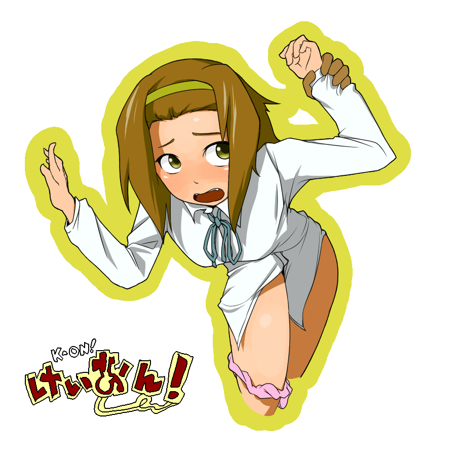 enemagura kiku hiro, tainaka ritsu, k-on!, bad id, bad pixiv id, 00s, 1girl, blush, bottomless, brown eyes, brown hair, dress shirt, female focus, hairband, headband, holding another's wrist, panties, panties around leg, ribbon, scared, school uniform, shirt, short hair, solo, tomboy, underwear
