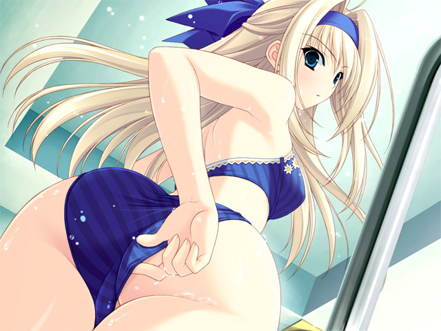suzuhira hiro, kanou seia, stellar theater, non-web source, 1girl, adjusting clothes, adjusting swimsuit, ass, bikini, blonde hair, blue bikini, blue eyes, bow, female focus, from below, hair bow, hairband, long hair, looking back, solo, swimsuit